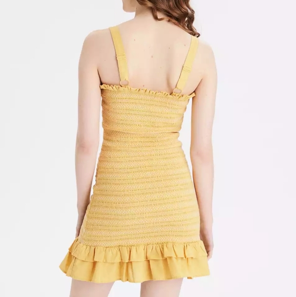 American Eagle Mustard Yellow Smocked Bodycon Ruffled Mini Dress - Picture 2 of 6